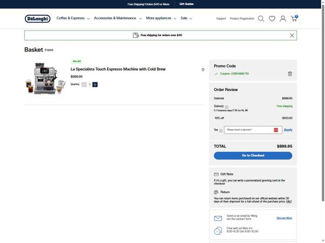 De'Longhi checkout page showing De'Longhi coupon code box | Screenshot taken by SimplyCodes community member on Aug 31, 2025