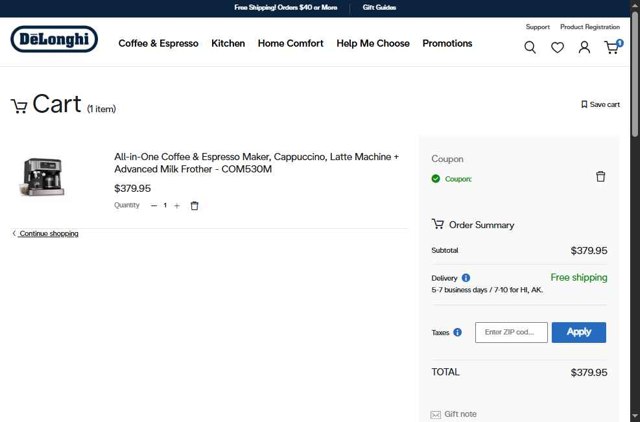 De'Longhi checkout page showing De'Longhi coupon code box | Screenshot taken by SimplyCodes community member on Jul 16, 2025