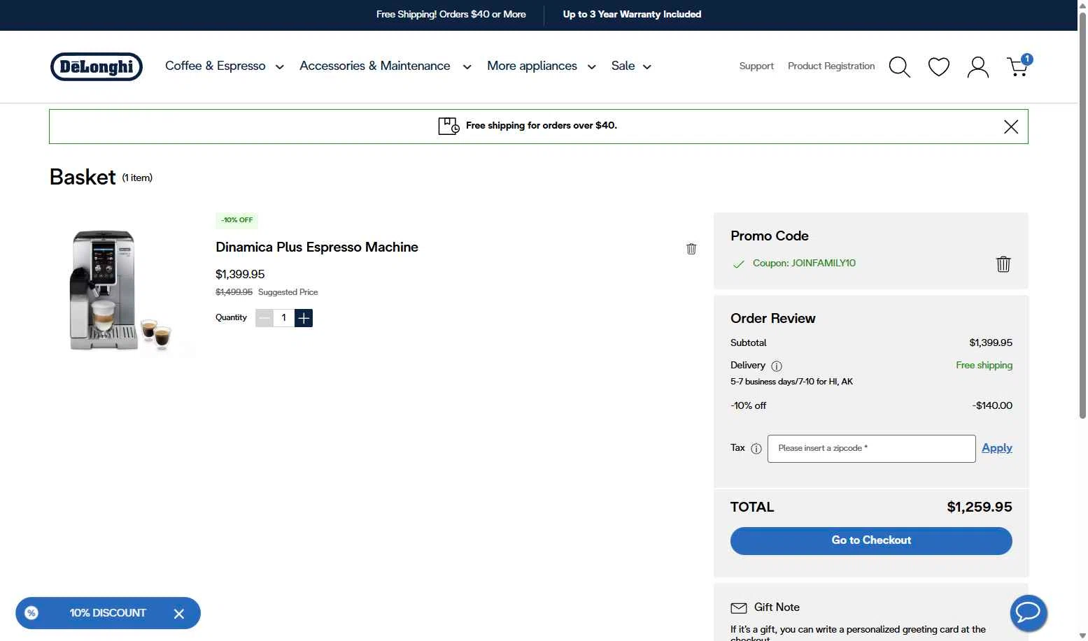 De'Longhi checkout page showing De'Longhi coupon code box | Screenshot taken by SimplyCodes community member on Jan 12, 2026