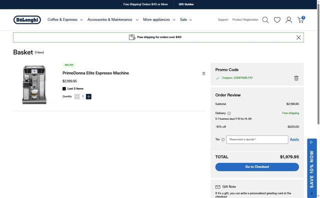 De'Longhi checkout page showing De'Longhi coupon code box | Screenshot taken by SimplyCodes community member on Aug 24, 2025