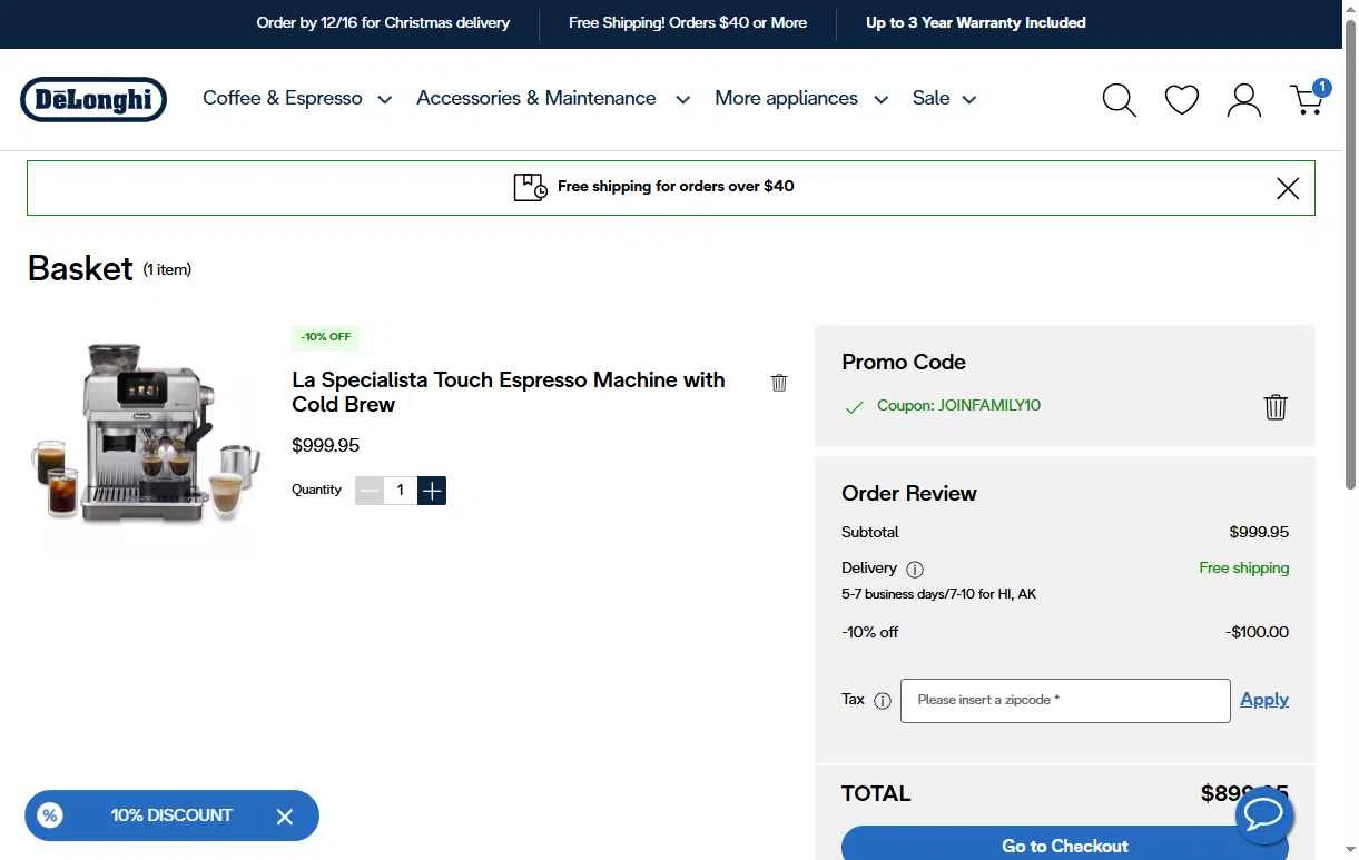 De'Longhi checkout page showing De'Longhi coupon code box | Screenshot taken by SimplyCodes community member on Dec 15, 2025