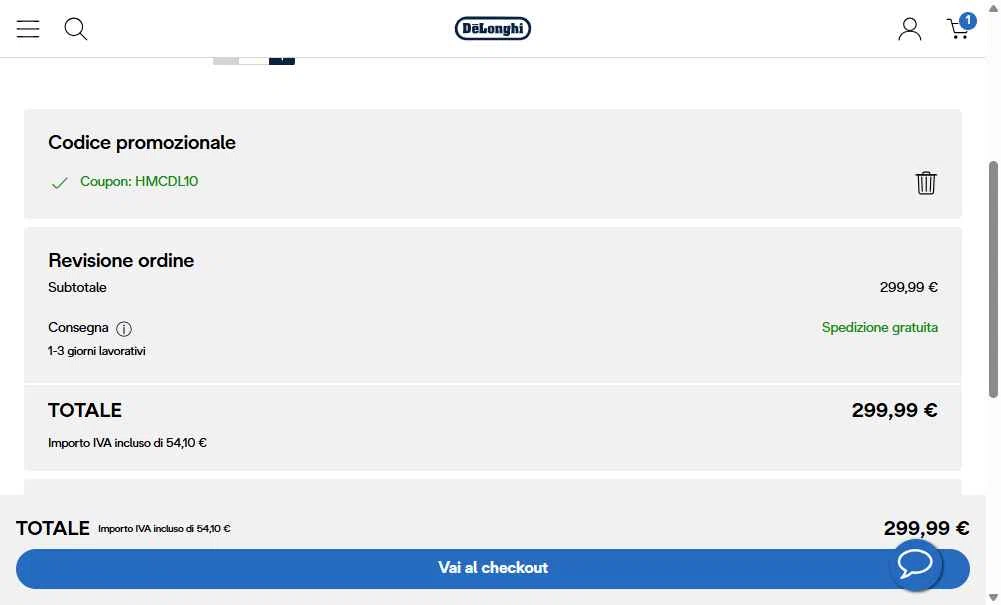 De'Longhi checkout page showing De'Longhi coupon code box | Screenshot taken by SimplyCodes community member on Feb 1, 2026
