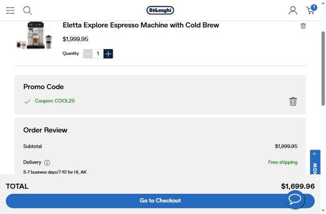 De'Longhi checkout page showing De'Longhi coupon code box | Screenshot taken by SimplyCodes community member on Aug 19, 2025