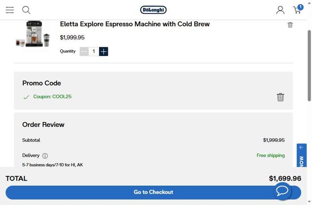 De'Longhi checkout page showing De'Longhi coupon code box | Screenshot taken by SimplyCodes community member on Aug 19, 2025
