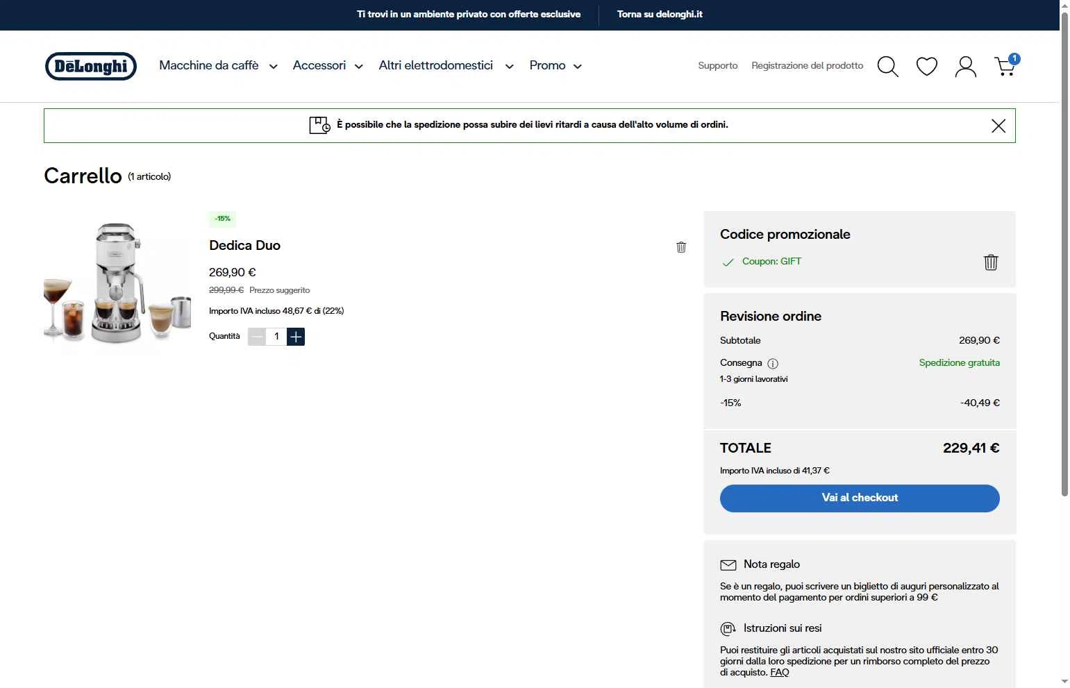 De'Longhi checkout page showing De'Longhi coupon code box | Screenshot taken by SimplyCodes community member on Dec 16, 2025