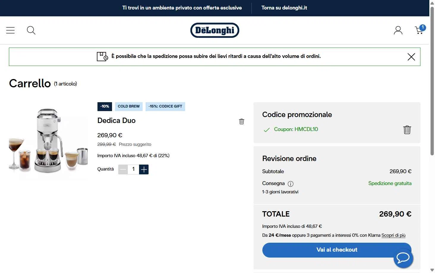 De'Longhi checkout page showing De'Longhi coupon code box | Screenshot taken by SimplyCodes community member on Dec 16, 2025
