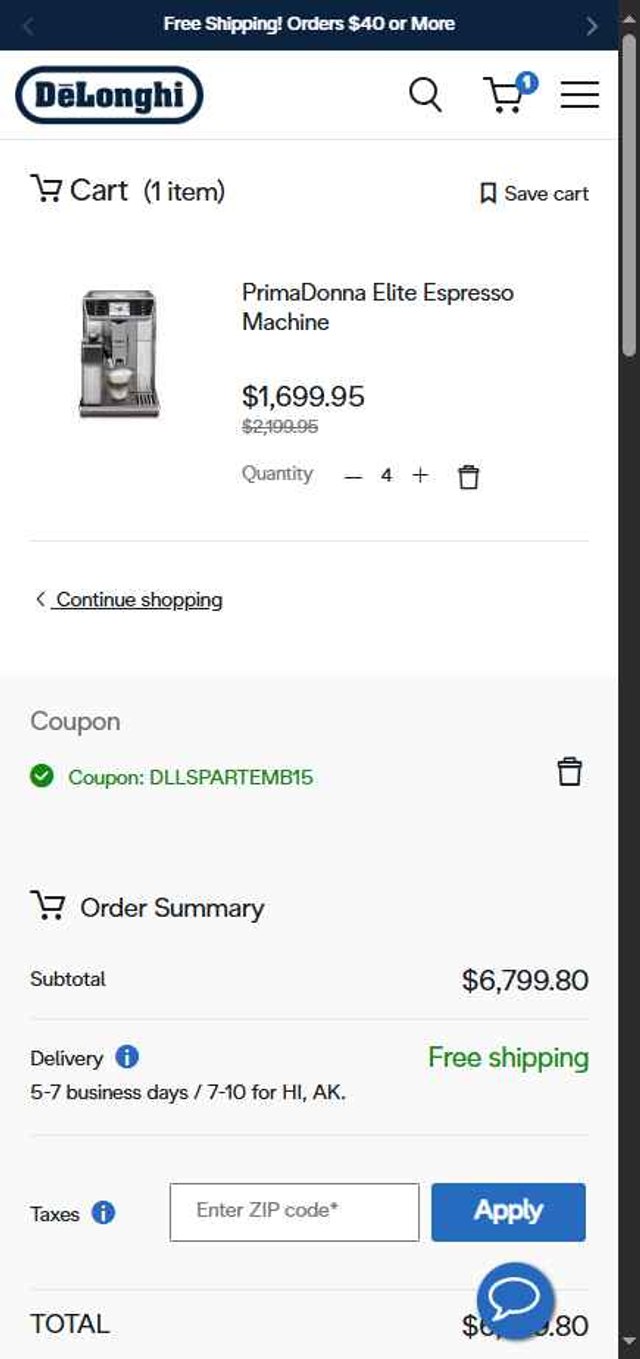 De'Longhi checkout page showing De'Longhi coupon code box | Screenshot taken by SimplyCodes community member on Jul 17, 2025