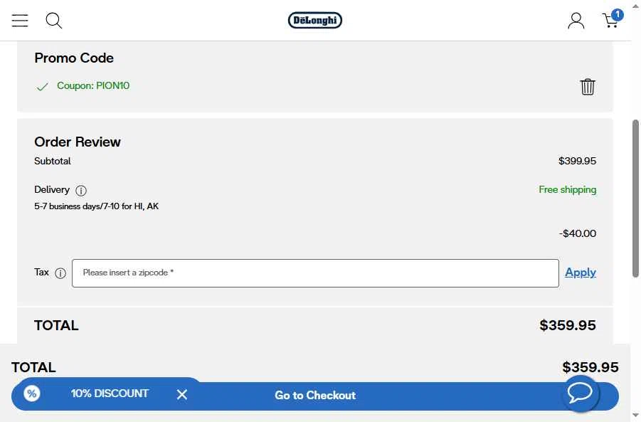 De'Longhi checkout page showing De'Longhi coupon code box | Screenshot taken by SimplyCodes community member on Dec 26, 2025