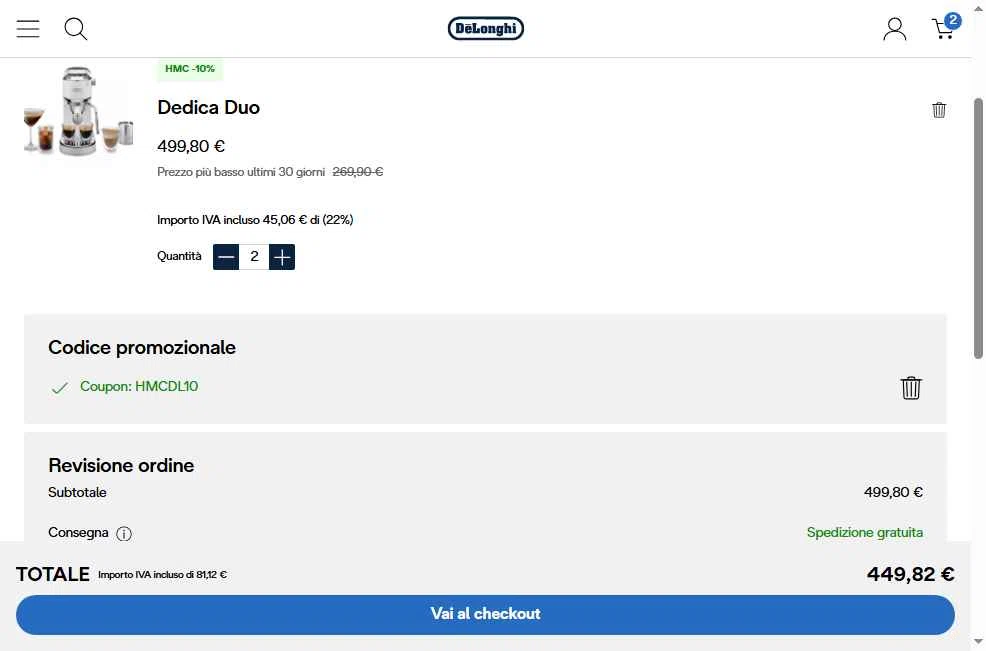 De'Longhi checkout page showing De'Longhi coupon code box | Screenshot taken by SimplyCodes community member on Jan 13, 2026