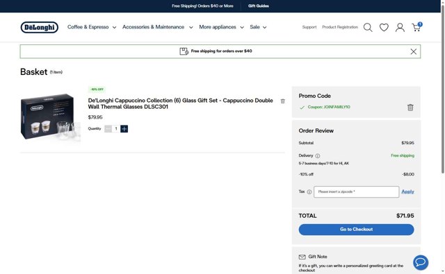 De'Longhi checkout page showing De'Longhi coupon code box | Screenshot taken by SimplyCodes community member on Aug 12, 2025