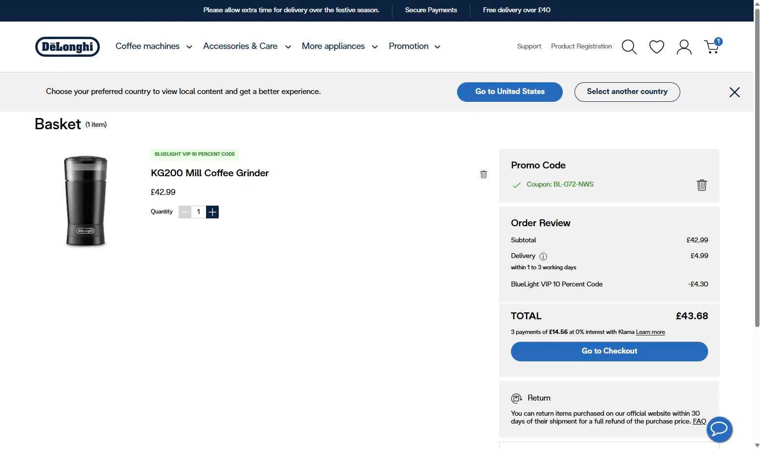 De'Longhi checkout page showing De'Longhi coupon code box | Screenshot taken by SimplyCodes community member on Jan 6, 2026