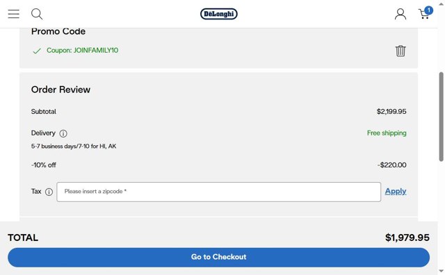 De'Longhi checkout page showing De'Longhi coupon code box | Screenshot taken by SimplyCodes community member on Jul 25, 2025