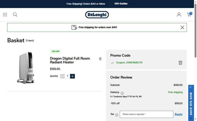 De'Longhi checkout page showing De'Longhi coupon code box | Screenshot taken by SimplyCodes community member on Sep 11, 2025