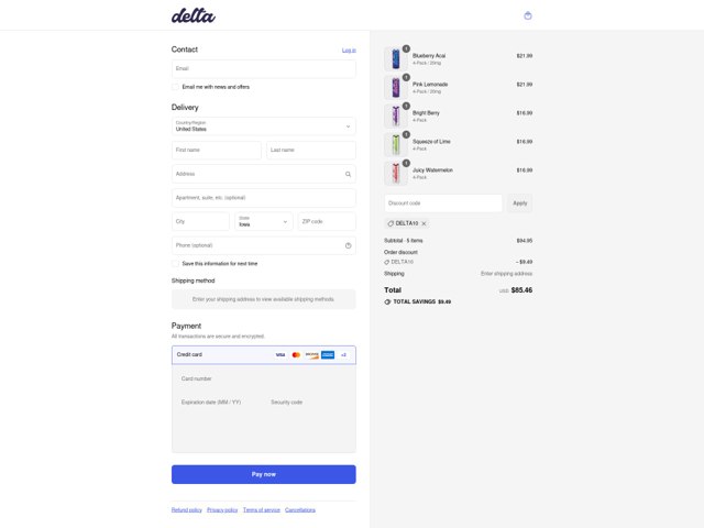 Delta Cannabis Water checkout page showing Delta Cannabis Water coupon code box | Screenshot taken by SimplyCodes community member on Sep 6, 2025