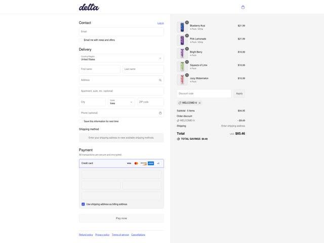 Delta Cannabis Water checkout page showing Delta Cannabis Water coupon code box | Screenshot taken by SimplyCodes community member on Sep 6, 2025