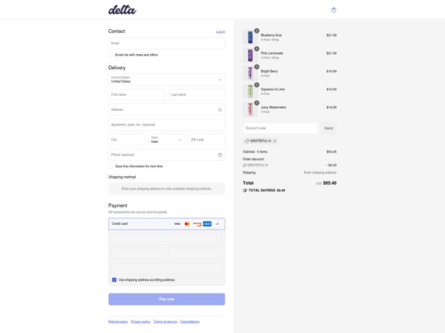 Delta Cannabis Water checkout page showing Delta Cannabis Water coupon code box | Screenshot taken by SimplyCodes community member on Sep 6, 2025