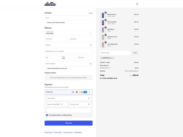 Delta Cannabis Water checkout page showing Delta Cannabis Water coupon code box | Screenshot taken by SimplyCodes community member on Sep 2, 2025