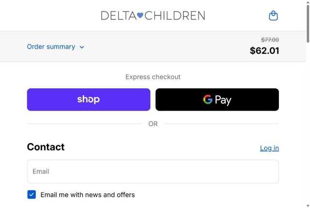 Delta Children checkout page showing Delta Children discount code box | Screenshot taken by SimplyCodes community member on Sep 4, 2025