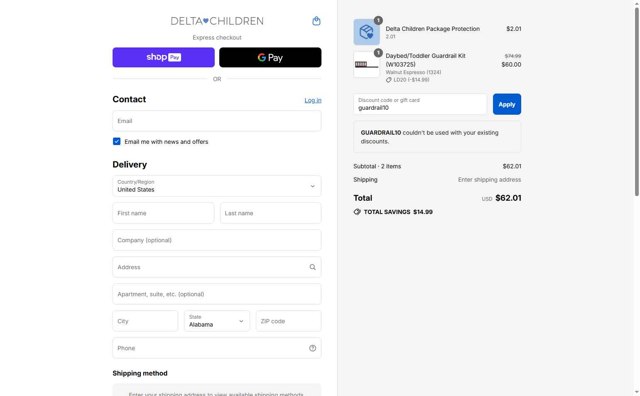 Delta Children checkout page showing Delta Children discount code box | Screenshot taken by SimplyCodes community member on Aug 26, 2025