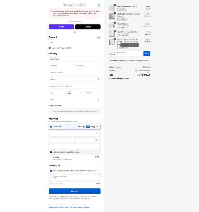 Delta Children checkout page showing Delta Children discount code box | Screenshot taken by SimplyCodes community member on Sep 4, 2025