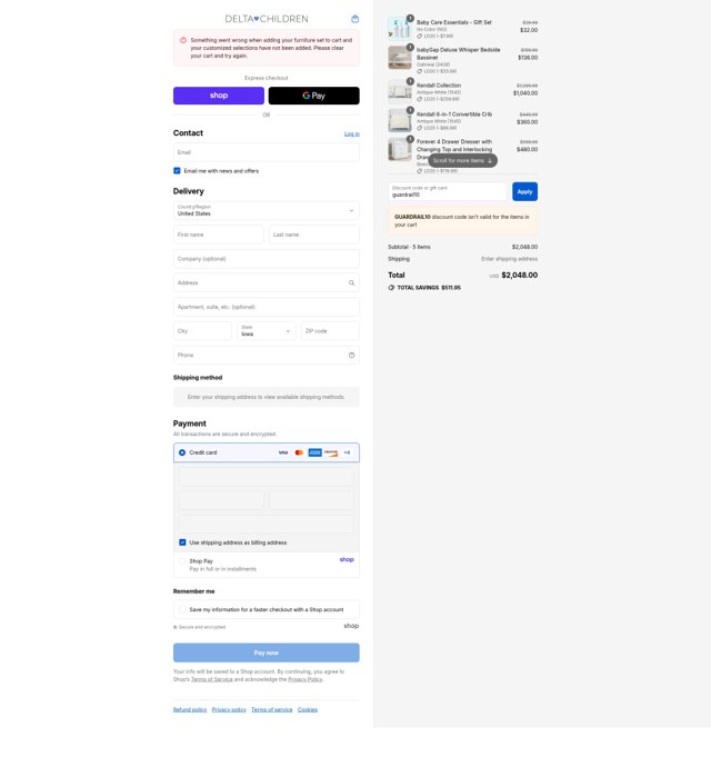 Delta Children checkout page showing Delta Children discount code box | Screenshot taken by SimplyCodes community member on Aug 30, 2025