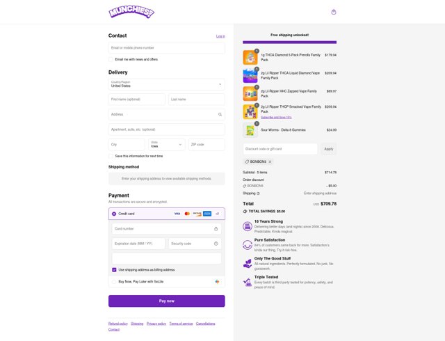 Delta Munchies checkout page showing Delta Munchies coupon code box | Screenshot taken by SimplyCodes community member on Aug 27, 2025