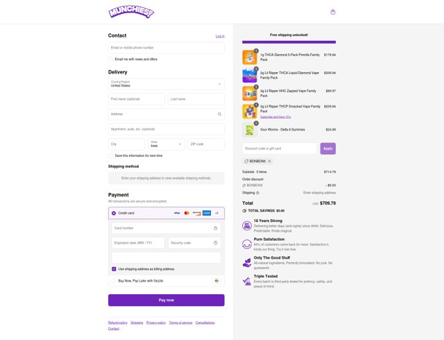 Delta Munchies checkout page showing Delta Munchies coupon code box | Screenshot taken by SimplyCodes community member on Sep 4, 2025