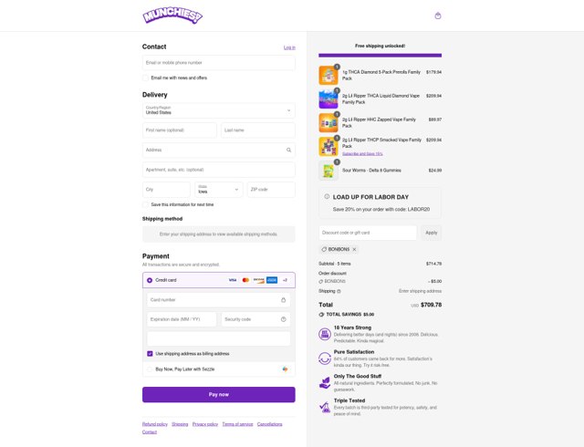 Delta Munchies checkout page showing Delta Munchies coupon code box | Screenshot taken by SimplyCodes community member on Aug 31, 2025