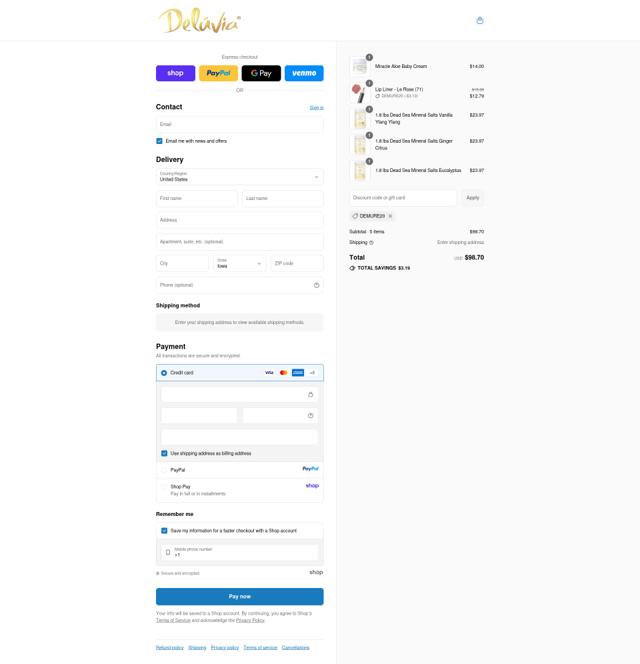 Deluvia checkout page showing Deluvia coupon code box | Screenshot taken by SimplyCodes community member on Sep 12, 2025