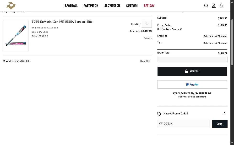 DeMarini checkout page showing DeMarini promo code box | Screenshot taken by SimplyCodes community member on Oct 29, 2025