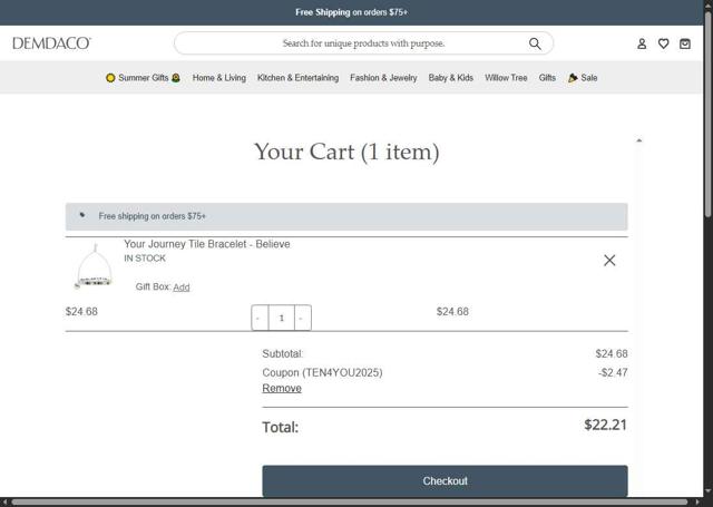 Demdaco checkout page showing Demdaco coupon code box | Screenshot taken by SimplyCodes community member on Jul 17, 2025