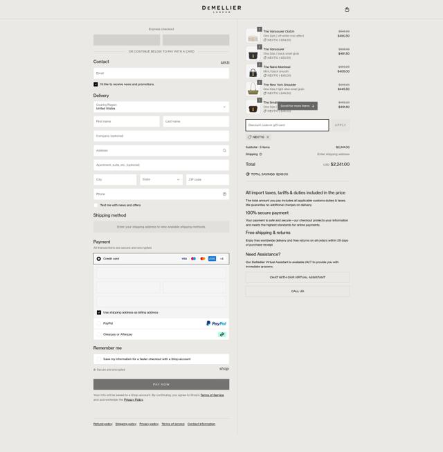 Demellier London checkout page showing Demellier London discount code box | Screenshot taken by SimplyCodes community member on Apr 9, 2025