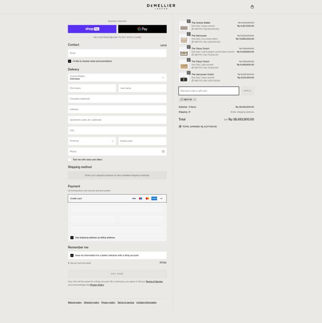 Demellier London checkout page showing Demellier London discount code box | Screenshot taken by SimplyCodes community member on Apr 1, 2025