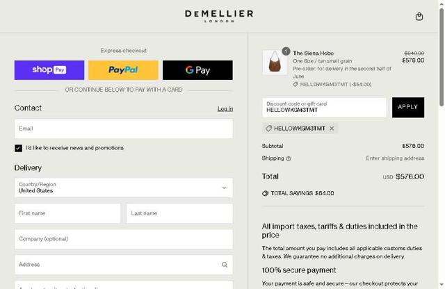 Demellier London checkout page showing Demellier London discount code box | Screenshot taken by SimplyCodes community member on May 15, 2025