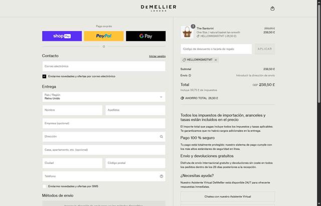 Demellier London checkout page showing Demellier London discount code box | Screenshot taken by SimplyCodes community member on May 15, 2025