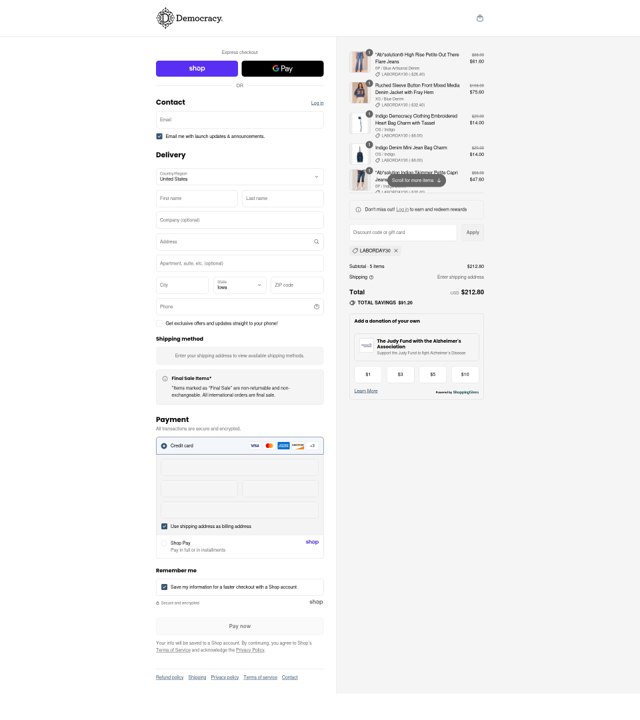 Democracy checkout page showing Democracy coupon code box | Screenshot taken by SimplyCodes community member on Aug 28, 2025