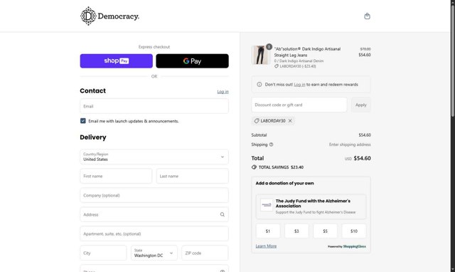 Democracy checkout page showing Democracy coupon code box | Screenshot taken by SimplyCodes community member on Aug 28, 2025