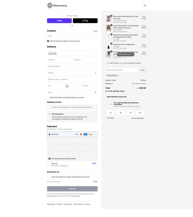 Democracy checkout page showing Democracy coupon code box | Screenshot taken by SimplyCodes community member on Sep 8, 2025