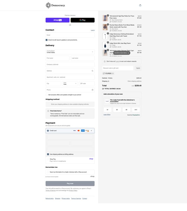 Democracy checkout page showing Democracy coupon code box | Screenshot taken by SimplyCodes community member on Aug 26, 2025