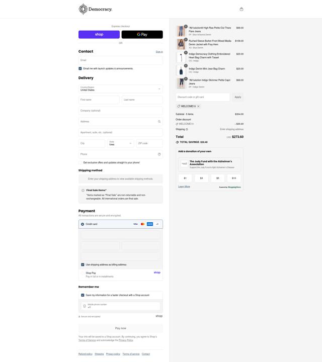 Democracy checkout page showing Democracy coupon code box | Screenshot taken by SimplyCodes community member on Sep 12, 2025