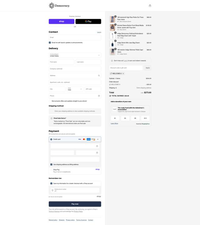 Democracy checkout page showing Democracy coupon code box | Screenshot taken by SimplyCodes community member on Sep 8, 2025