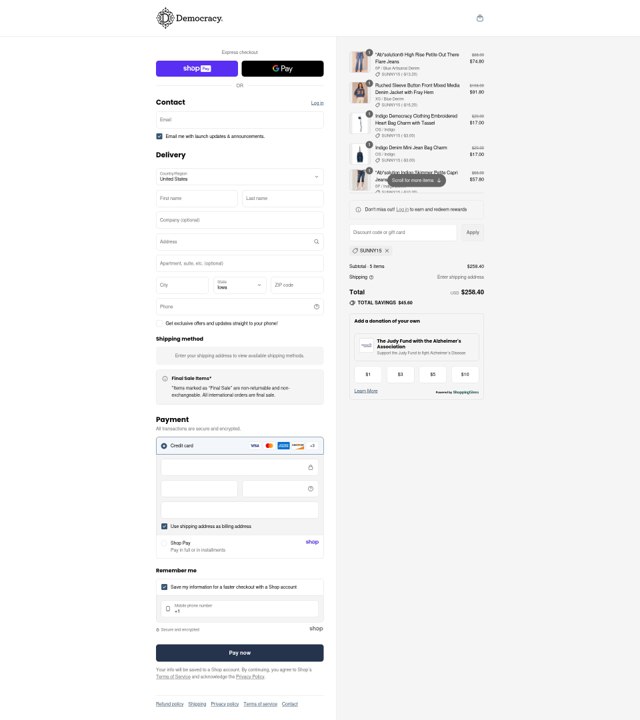Democracy checkout page showing Democracy coupon code box | Screenshot taken by SimplyCodes community member on Aug 22, 2025