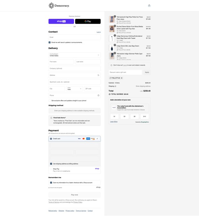 Democracy checkout page showing Democracy coupon code box | Screenshot taken by SimplyCodes community member on Aug 26, 2025