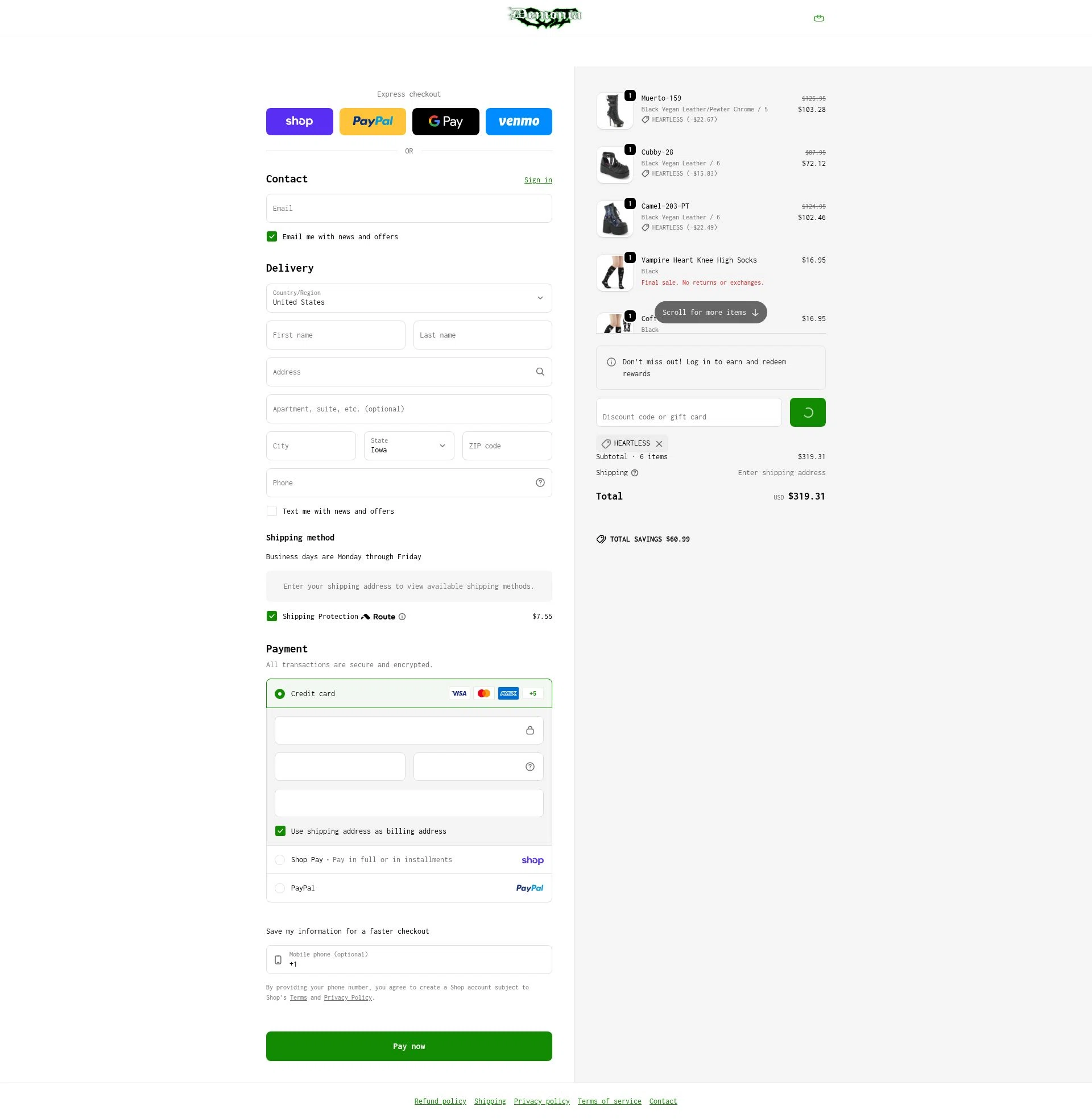 Demonia Cult checkout page showing Demonia Cult discount code box | Screenshot taken by SimplyCodes community member on Feb 15, 2026