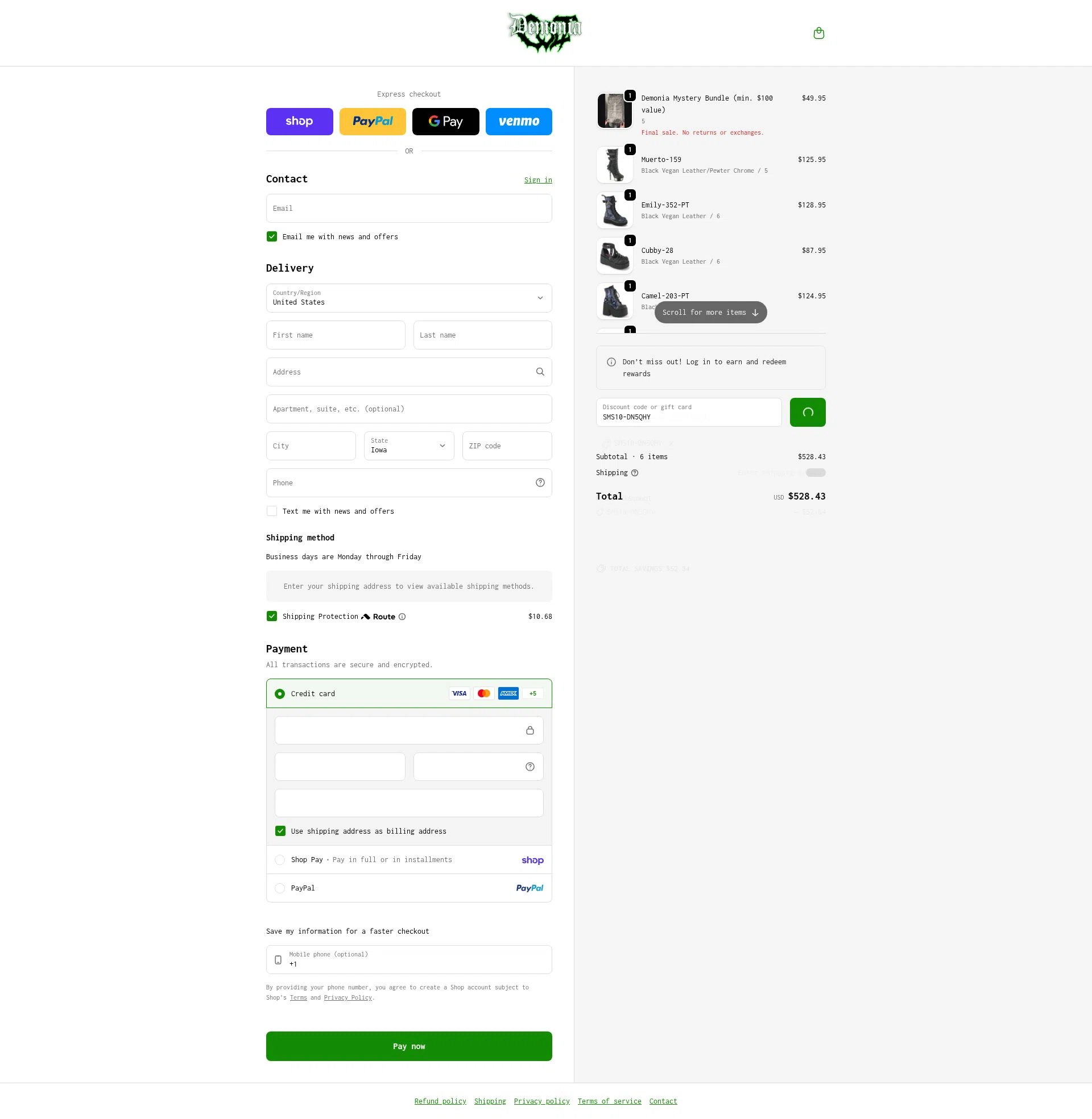 Demonia Cult checkout page showing Demonia Cult discount code box | Screenshot taken by SimplyCodes community member on Feb 19, 2026