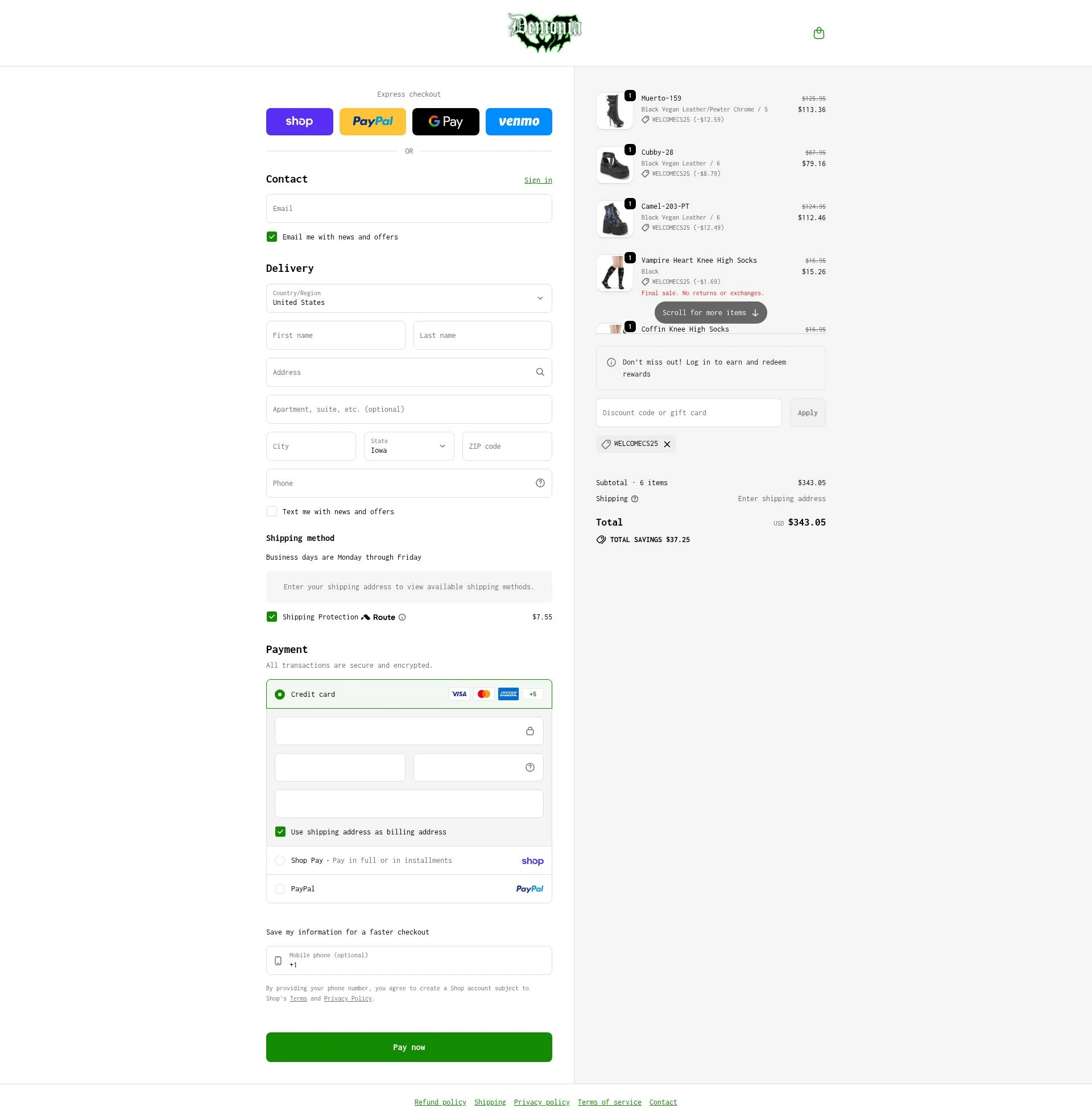 Demonia Cult checkout page showing Demonia Cult discount code box | Screenshot taken by SimplyCodes community member on Feb 15, 2026
