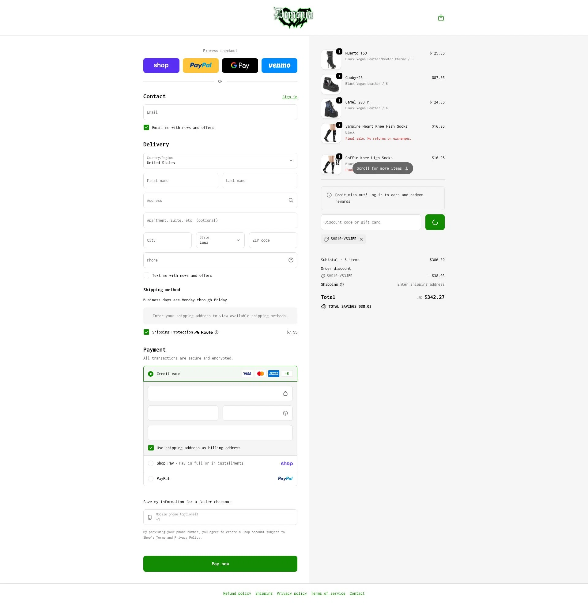 Demonia Cult checkout page showing Demonia Cult discount code box | Screenshot taken by SimplyCodes community member on Feb 15, 2026
