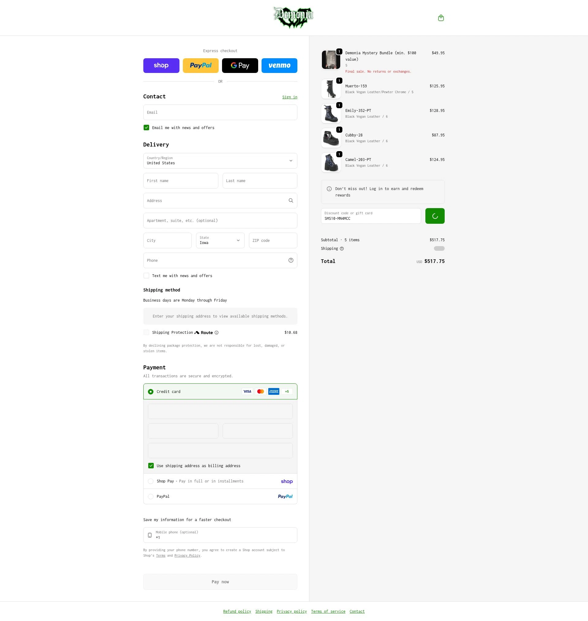 Demonia Cult checkout page showing Demonia Cult discount code box | Screenshot taken by SimplyCodes community member on Feb 19, 2026