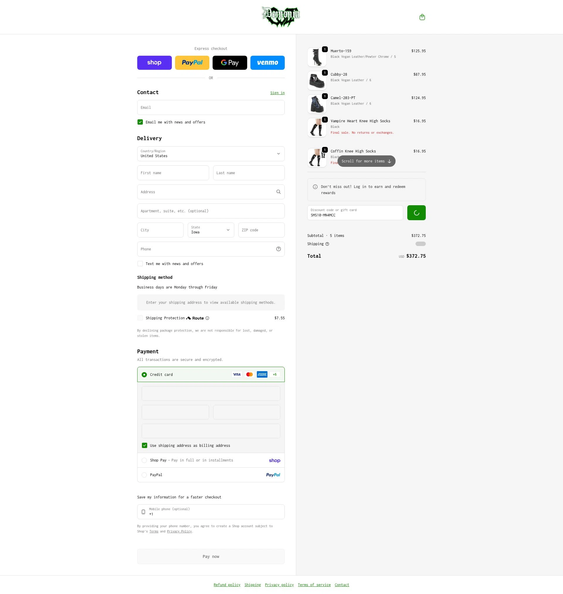 Demonia Cult checkout page showing Demonia Cult discount code box | Screenshot taken by SimplyCodes community member on Feb 15, 2026