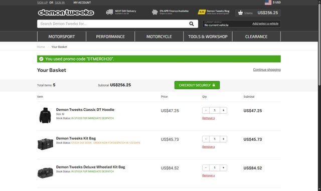 Demon Tweeks checkout page showing Demon Tweeks discount code box | Screenshot taken by SimplyCodes community member on Apr 28, 2025
